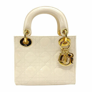 Christian Dior Lady 2way Shoulder Bag Patent Vernis leather beige